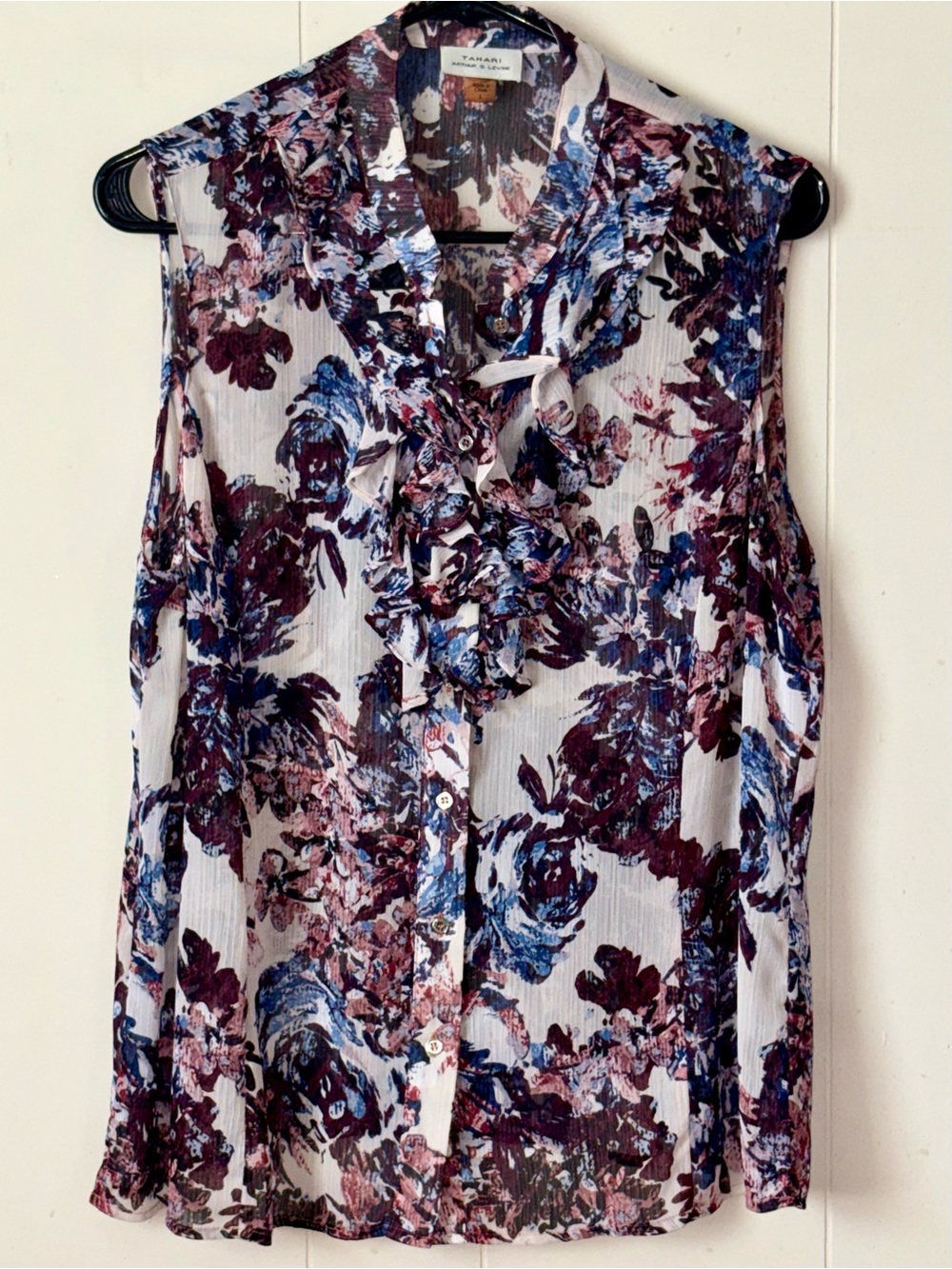 Tahari Arthur S. Levine sheer abstract floral ruffle chiffon sleeveless blouse L